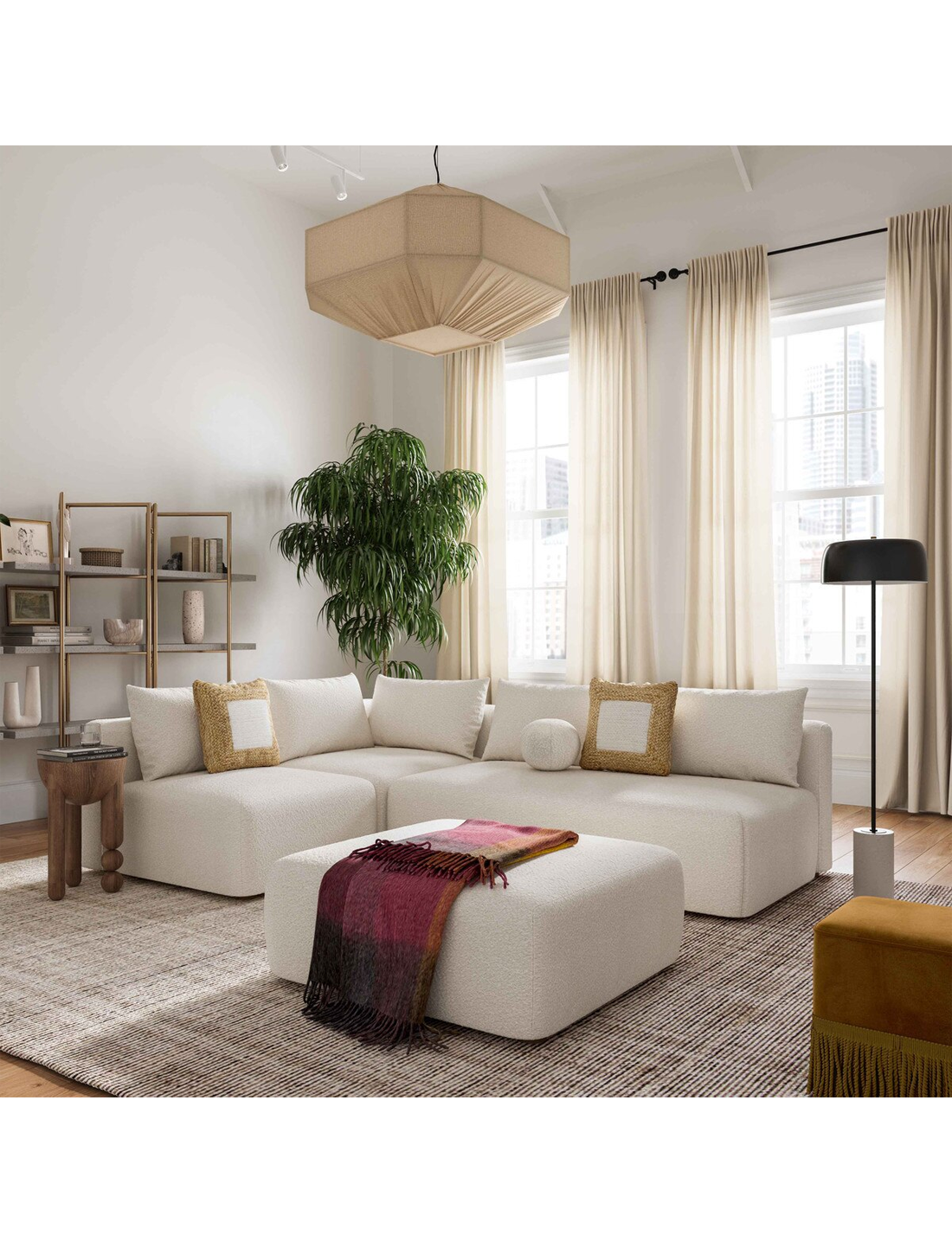 Pouf en tissu Temis, crème