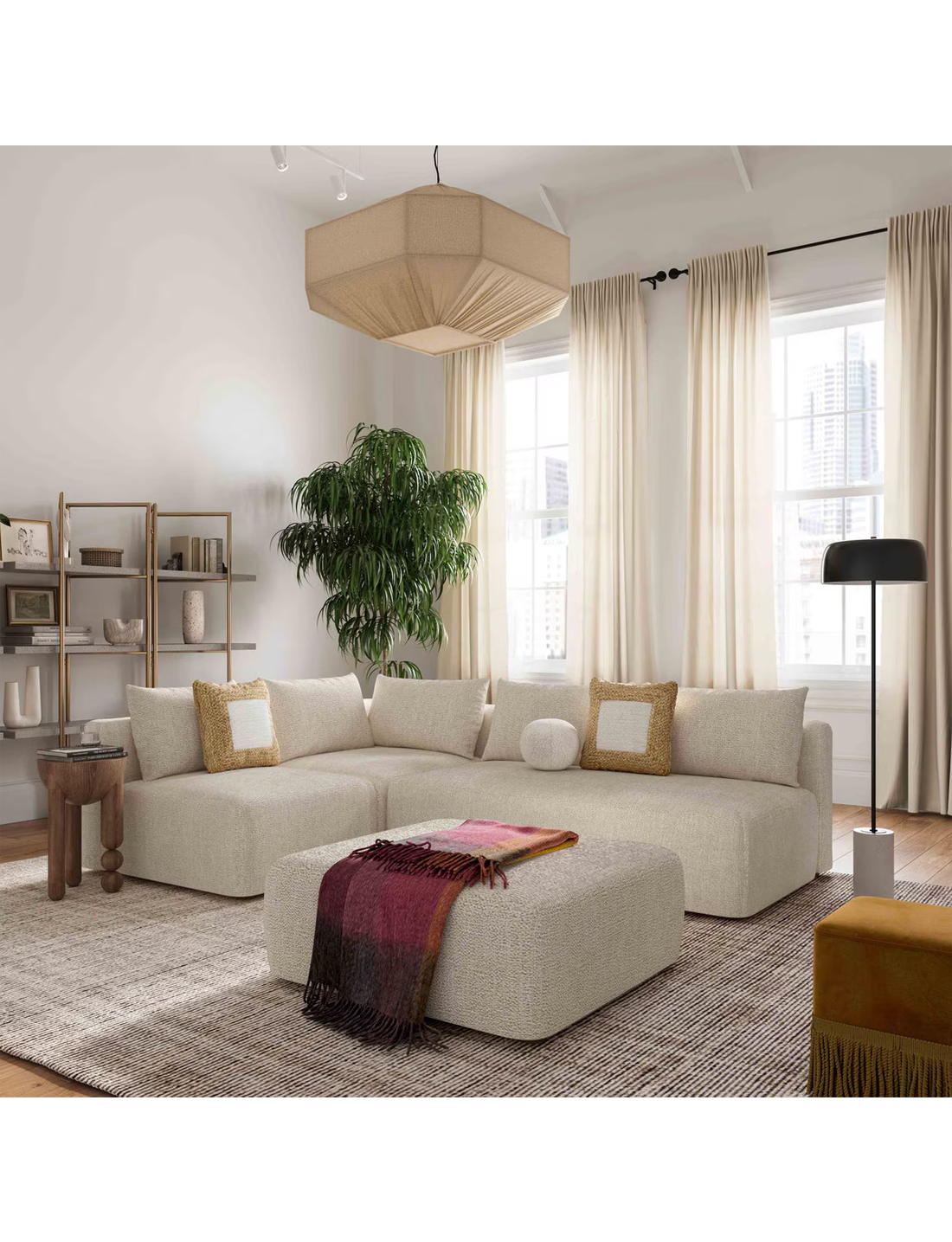 Pouf Temis en tissu texturé épais, crème