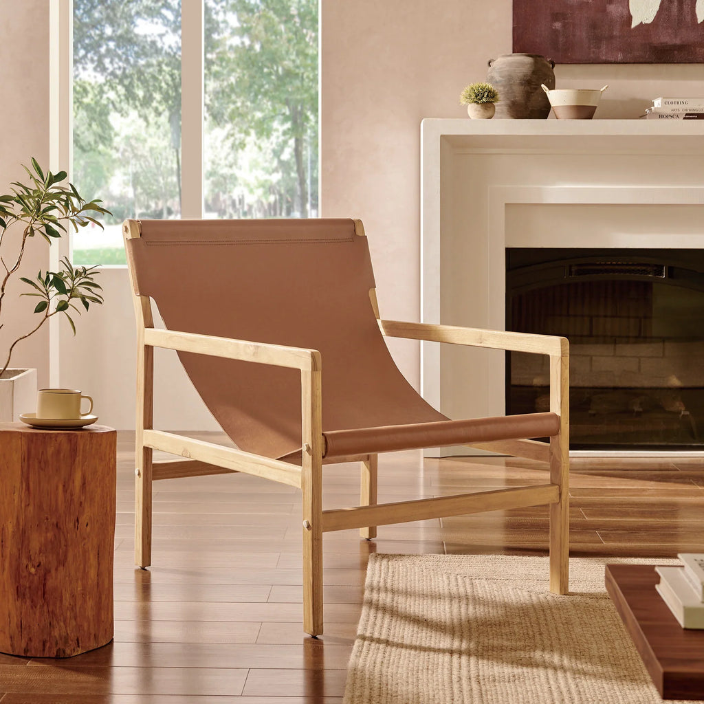 Fauteuil à sangle en cuir Sono couleur châtain