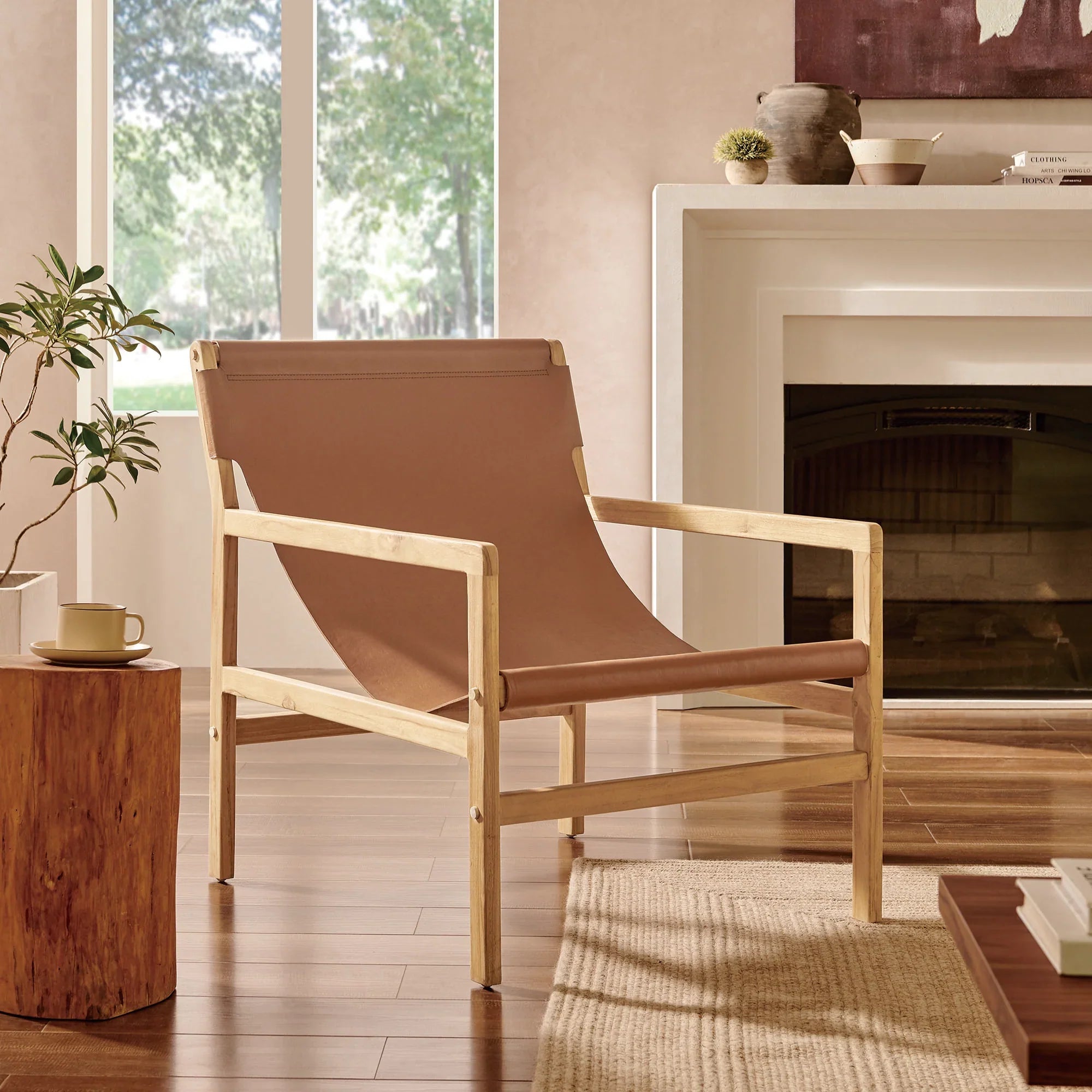 Fauteuil à sangle en cuir Sono couleur châtain